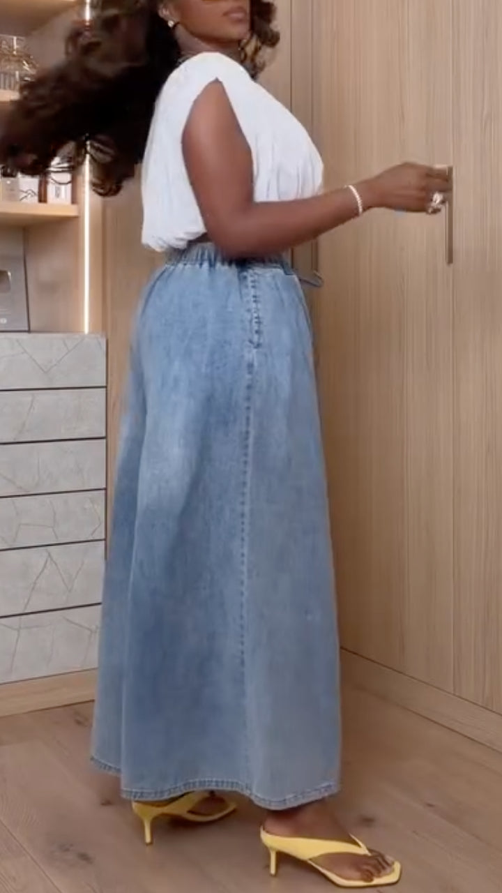Sleeveless Bubble Crop Top & Drawstring Denim Wide Leg Pants Set