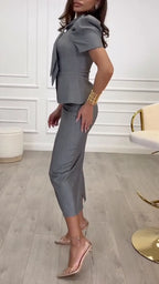 Gray Stand Collar Tie Waist Blazer Pencil Skirt Suit