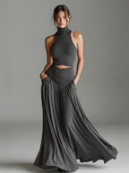 Women's Charcoal Gray Stretch Knit Dress With Turtleneck Halter & Cutout Waist, Timeless Minimalist Elegant Style Dress MDZ0960B2I