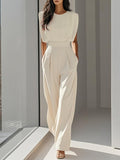 Women Off White Crew Neck Sleeveless Dressy Jumpsuit With Pockets