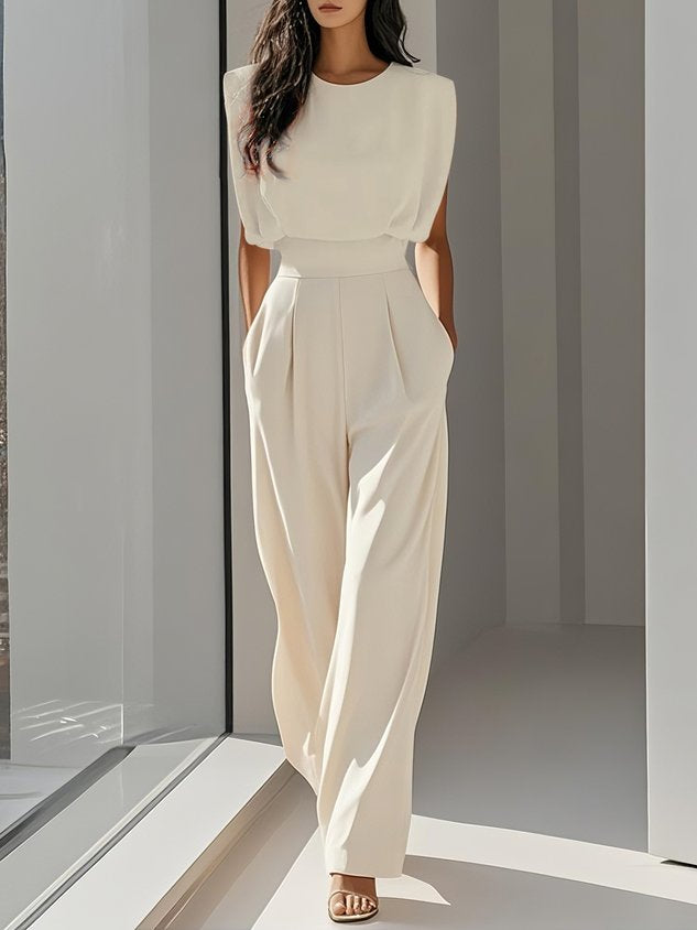 Women Off White Crew Neck Sleeveless Dressy Jumpsuit With Pockets