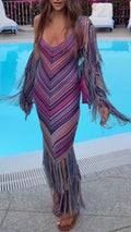 Rainbow Chevron Fringe Knit Maxi Dress with Matching Fringe Cover-Up