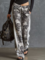 Chic Athleisure Black Slim-Fit Top & Camouflage Wide-Leg Pants Cotton Set