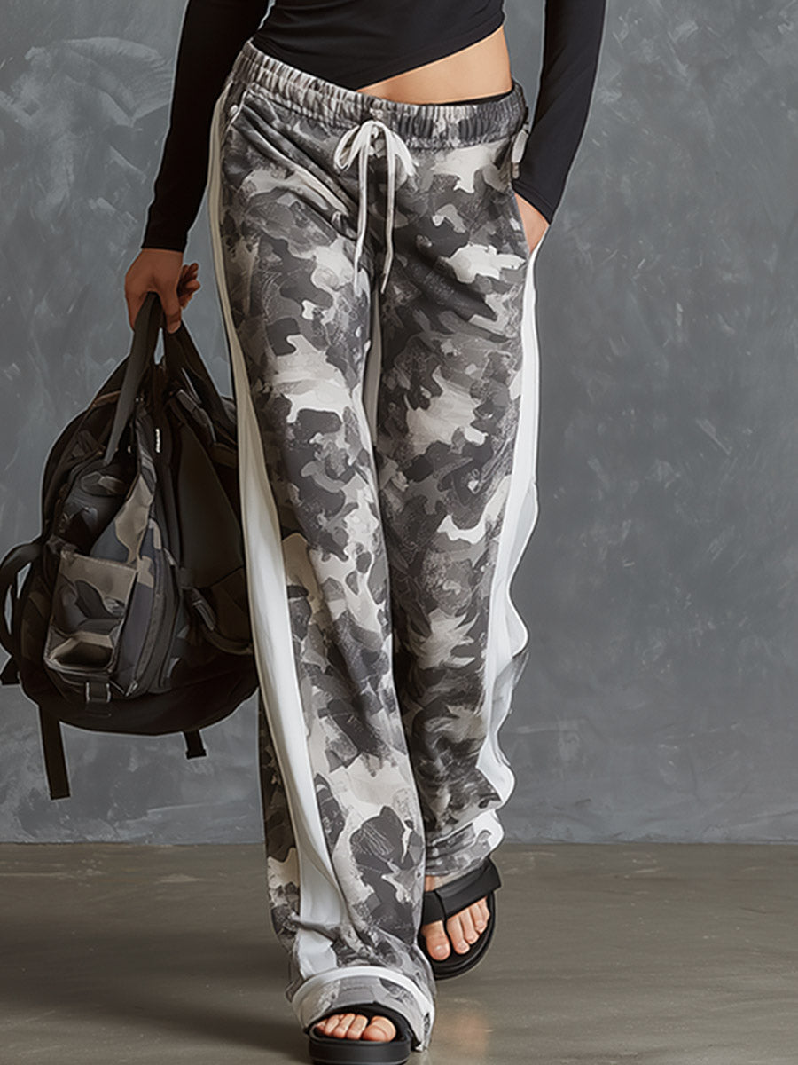 Chic Athleisure Black Slim-Fit Top & Camouflage Wide-Leg Pants Cotton Set
