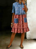 Women's Denim Print Floral Dress Button Closure Pockets