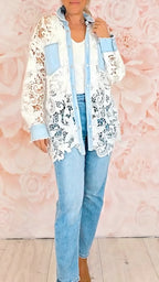 Light Blue Denim Patchwork Lace Hollow Out Shirt Jacket
