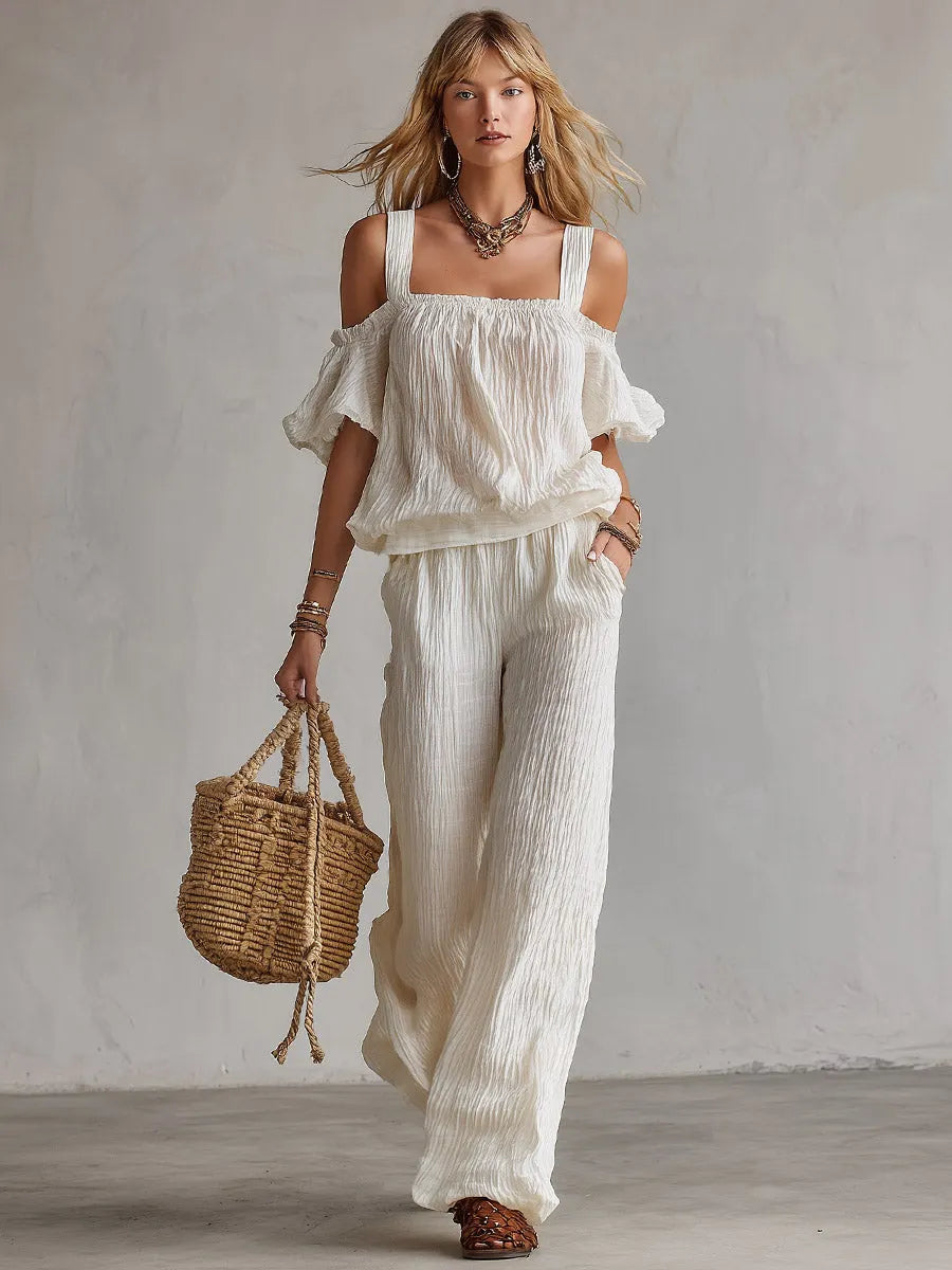 Minimalist Urban White T-Shirt & Wide-Leg Pants Crinkled Cotton-Linen Set