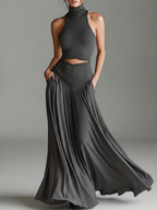 Women's Charcoal Gray Stretch Knit Dress With Turtleneck Halter & Cutout Waist, Timeless Minimalist Elegant Style Dress MDZ0960B2I