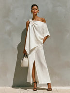 Women's White Linen Set With One-Shoulder Knot Detail & Front Slit, Timeless Minimalist-Resort Style Set MDZ2796C6I