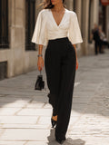 White Satin Top And Black Wide-leg Trousers Suit