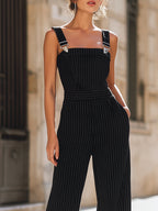 Black Pinstripe Suspender Wide-Leg Jumpsuit