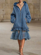 Women's Retro Hooded Zip Ruffled Denim Organza Patchwork Art Casual Maxi Dress