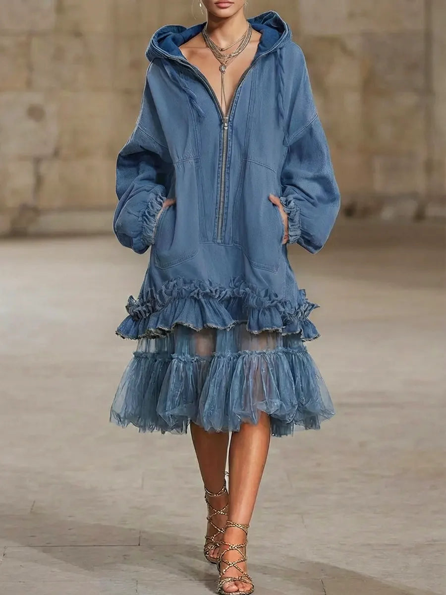Women's Retro Hooded Zip Ruffled Denim Organza Patchwork Art Casual Maxi Dress