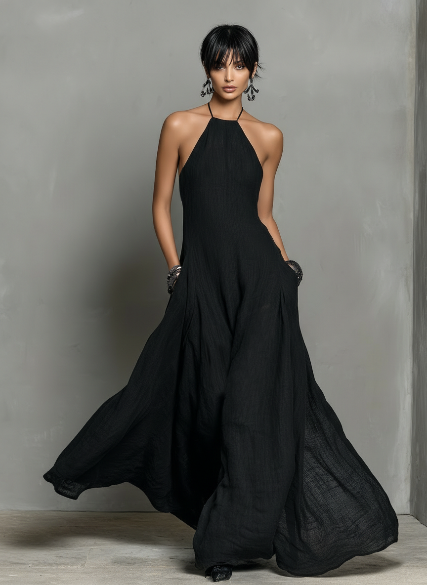 Women's Minimalist Linen Blend Halter Neck Sleeveless Maxi Dress MDZ2210A0Y