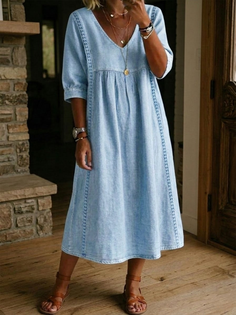 Women’s Lace Trim Denim Dress – Casual Loose Fit Vintage Denim Dress