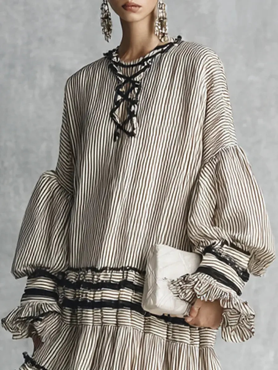 Women's Casual Stylish Vacation Art Striped Ruffled Cotton Maxi Dress