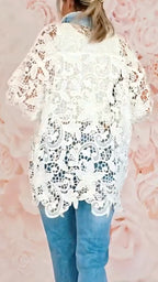 Light Blue Denim Patchwork Lace Hollow Out Shirt Jacket