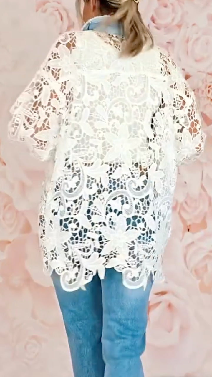 Light Blue Denim Patchwork Lace Hollow Out Shirt Jacket