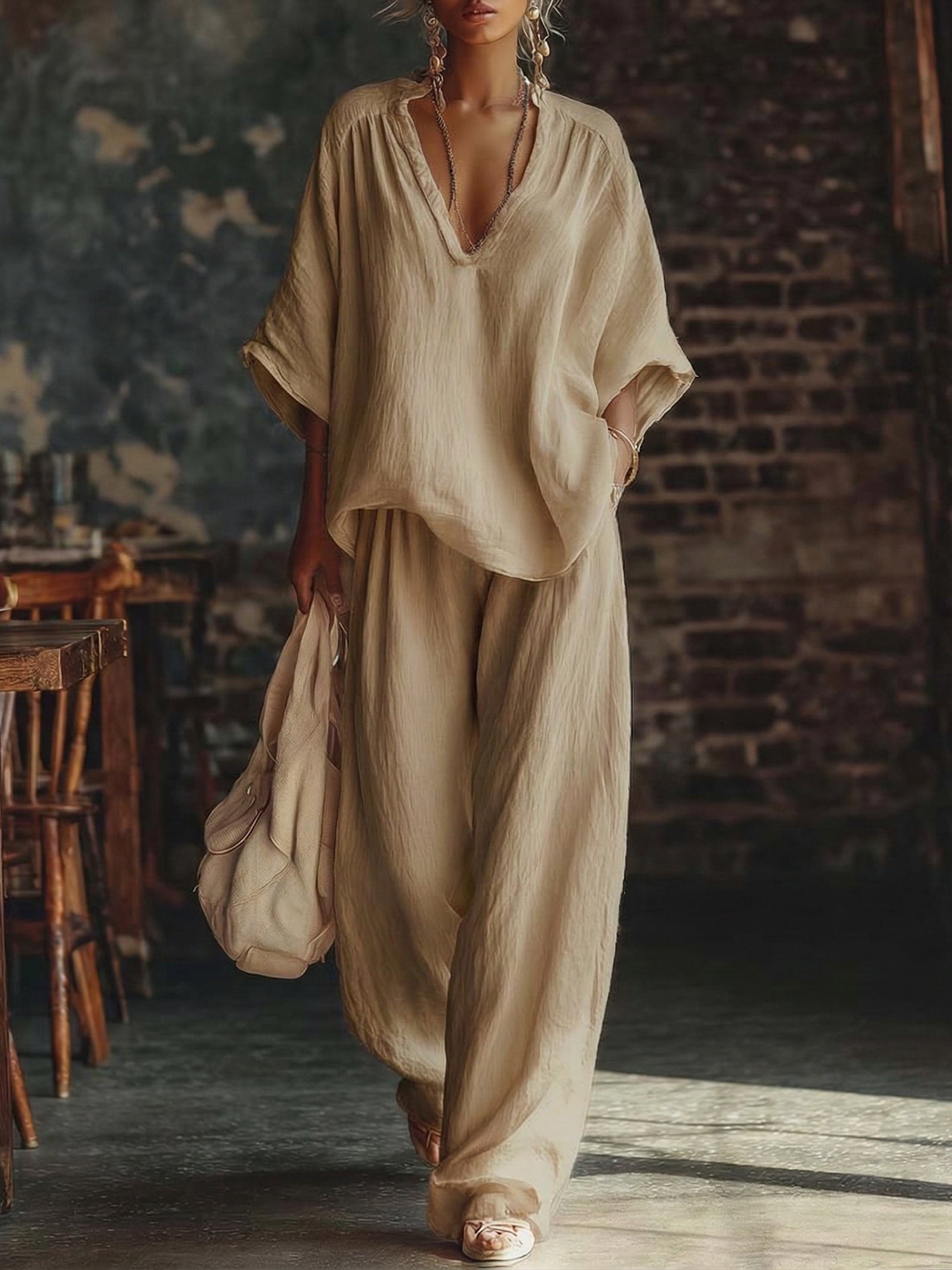 Cozy Minimalist Loose Linen Cotton Two-piece Set