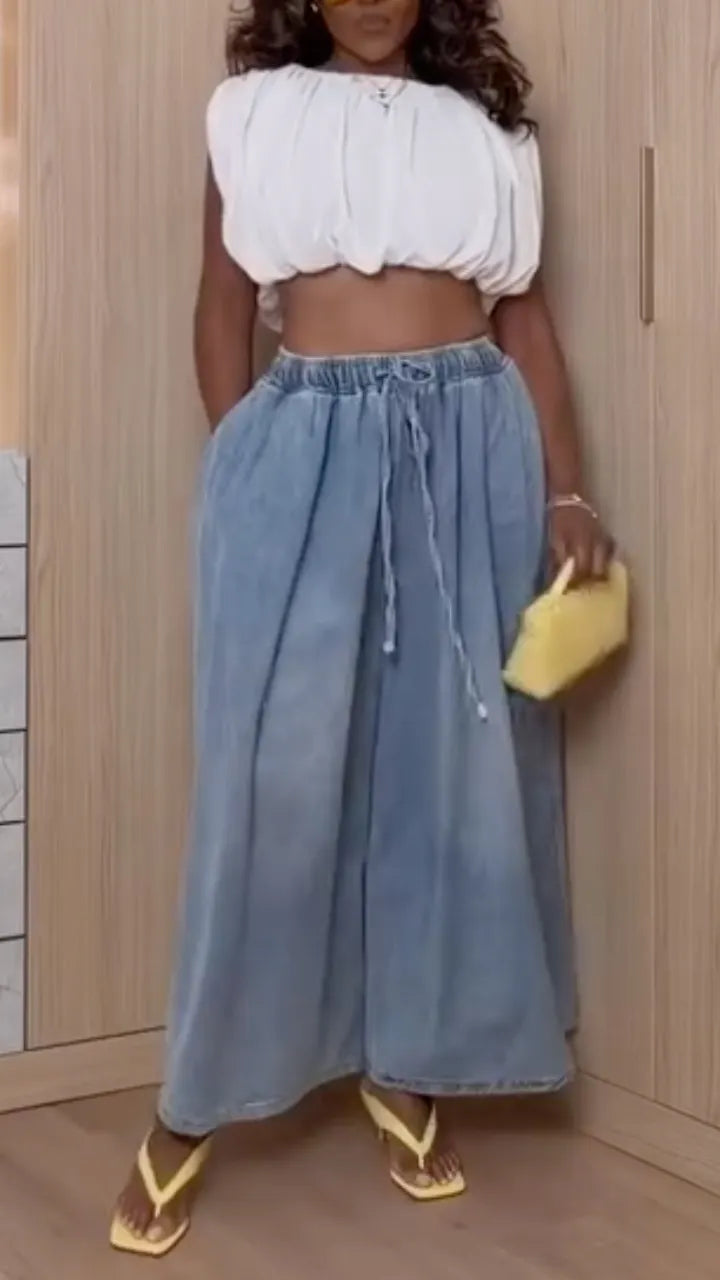 Sleeveless Bubble Crop Top & Drawstring Denim Wide Leg Pants Set