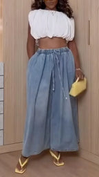 Sleeveless Bubble Crop Top & Drawstring Denim Wide Leg Pants Set