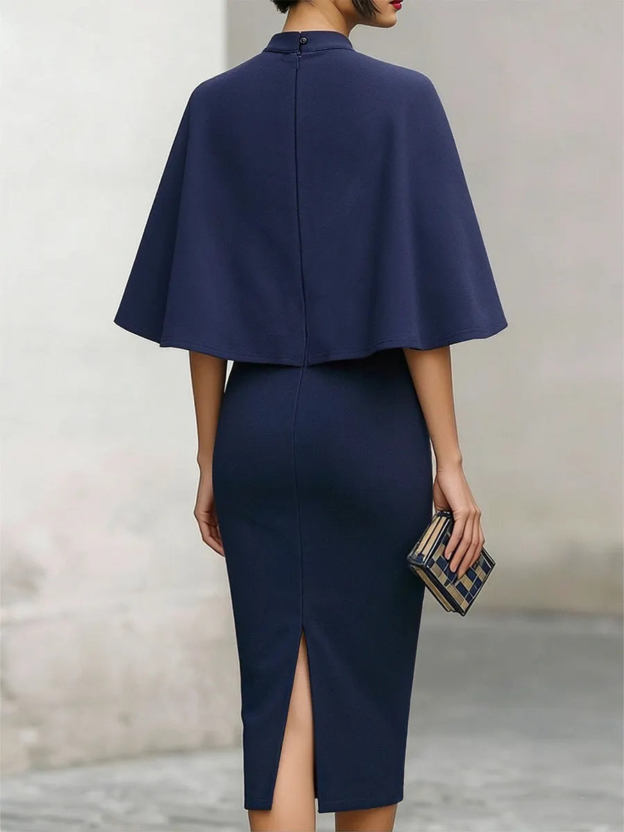 Elegant Navy Cape-Sleeve Midi Dress