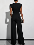 Women Black Buckle Hollow Out Crew Neck Cap Sleeve Dressy Jumpsuit