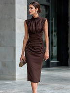 Neck Ruched Waist Sleeveless Midi Dress