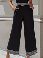 High-Neck Contrast Stripe Belted Wide-Leg Jumpsuit