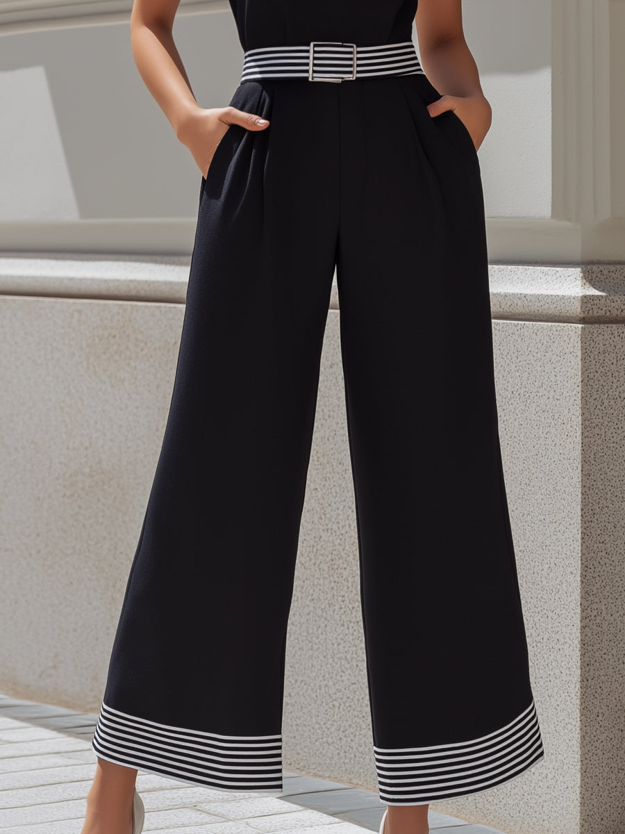 High-Neck Contrast Stripe Belted Wide-Leg Jumpsuit