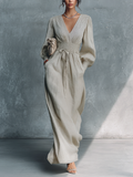 Women's Beige Cotton Linen Striped V-Neck Shirred Waist Maxi Dress MDZ0361C4BA