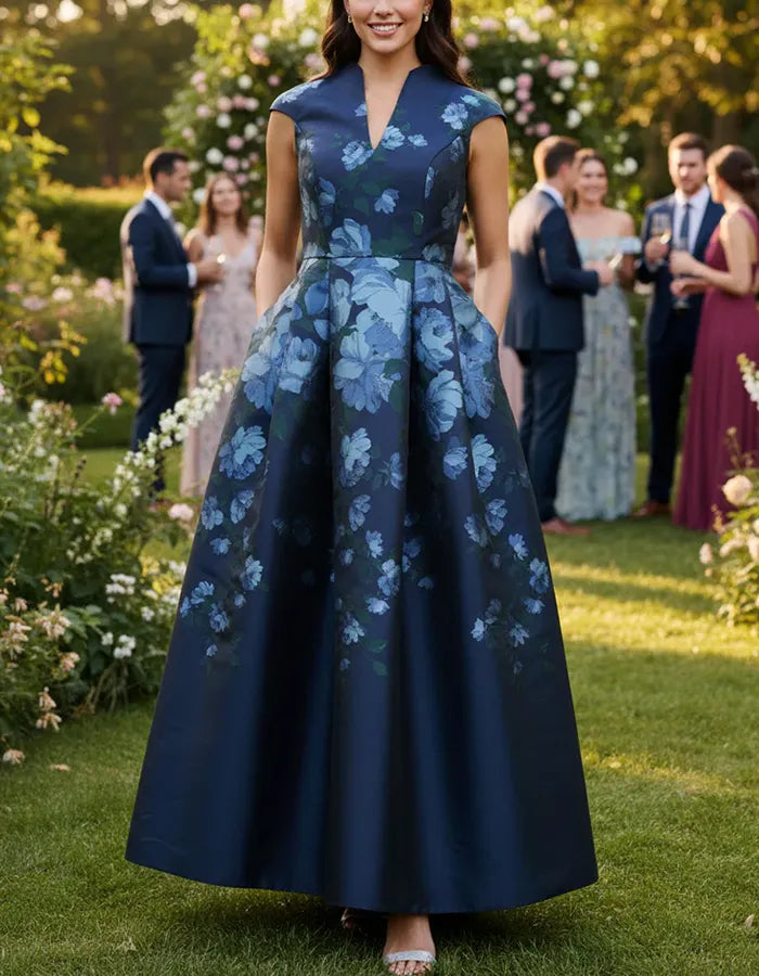 Navy Blue Floral Print Sleeveless A-Line Satin Maxi Dress