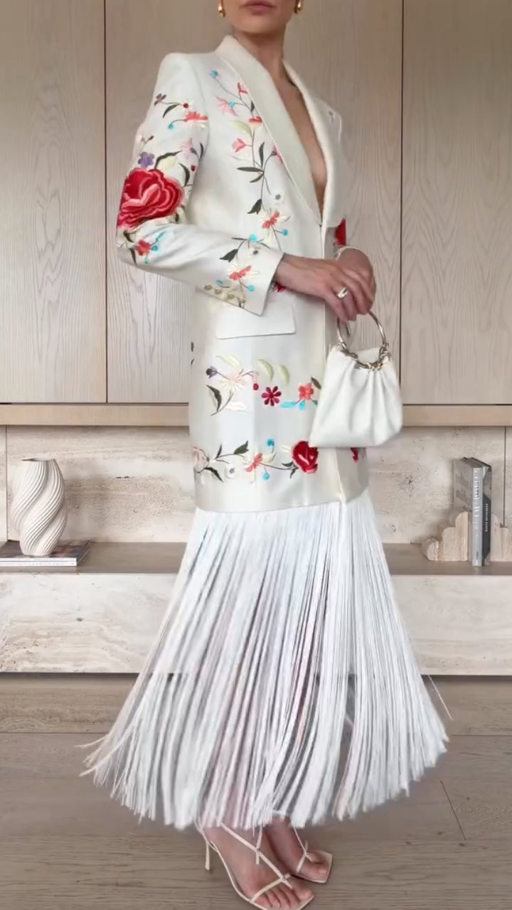 White Floral Embroidered Blazer Dress