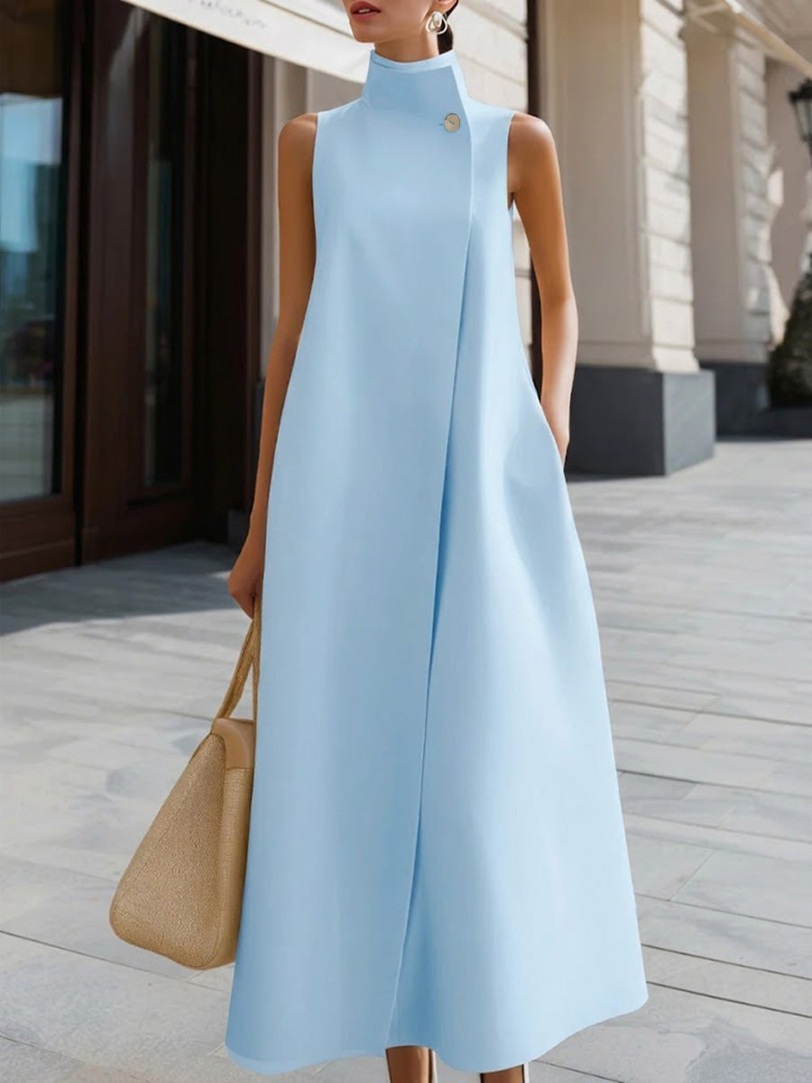 Women's Solid Color Stand Collar Sleeveless Casual Loose Cotton Linen Dress