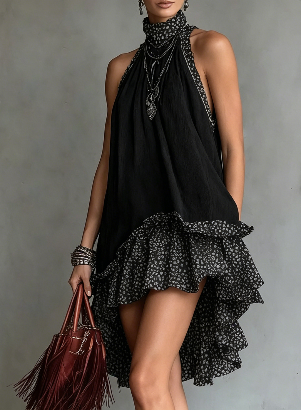 Black Polka Dot Neckline Bohemian Chiffon Ruffled Trim Mini Dress