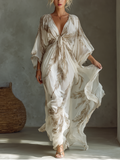Women's Ivory And Taupe Chiffon Fabric Dolman Sleeve Maxi Dress With Twist Front & Palm Leaf Print MDZ0332B6T