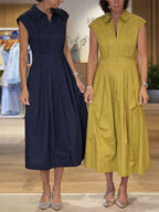Women's Solid-color Shirt-collar Sleeveless Loose-fit Casual Cotton Dress