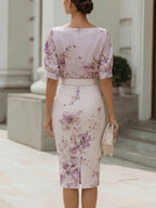 Floral Print Draped Neck Structured Pencil Midi Dress