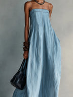 Women's Casual Blue Cotton-linen Sleeveless Camisole Maxi Dress MDZ1660F0LXY