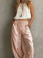 Women's Casual White Woven Sleeveless Round-neck Top Paired With Pink Woven Trousers MDZ1268F0LXY