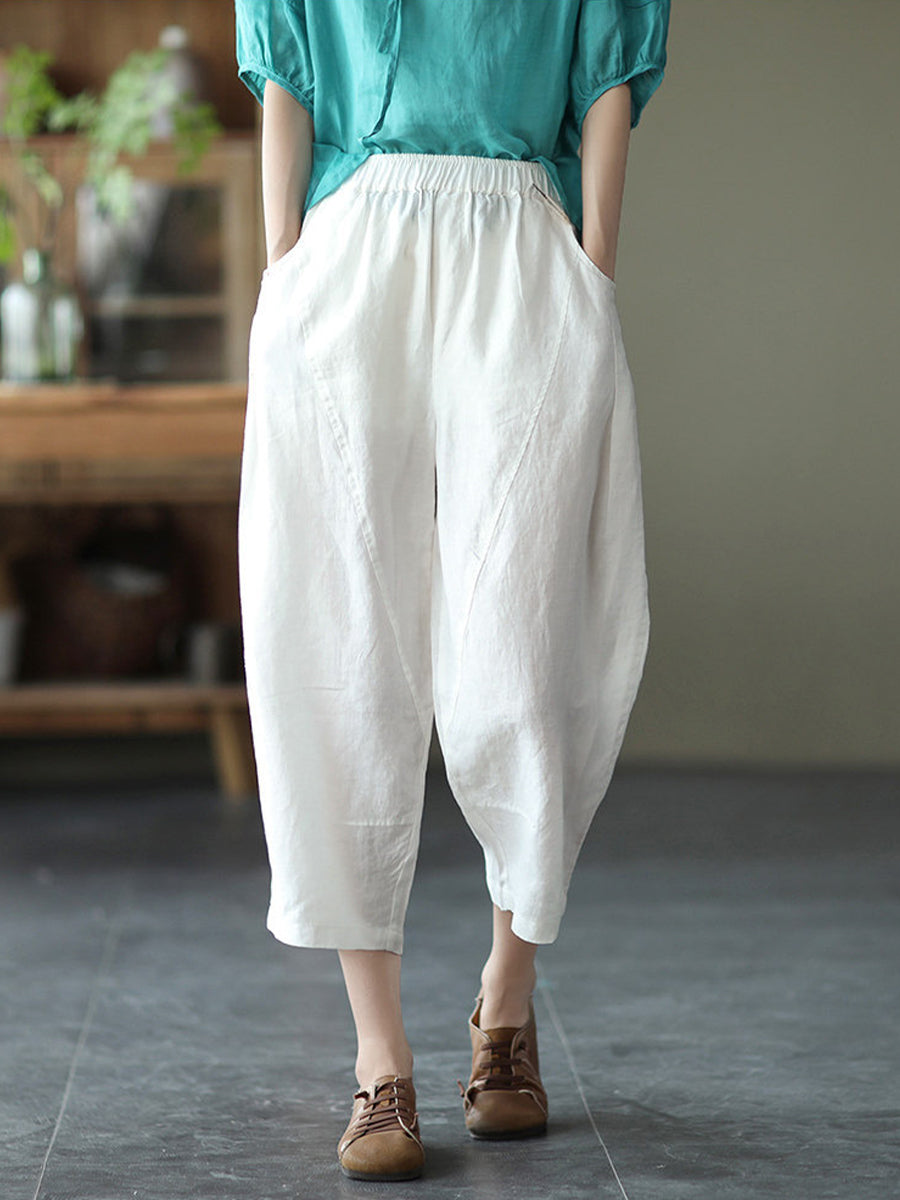 Casual Elastic-waist Linen And Cotton Trousers