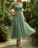 Sage Green Round Neck Beaded Leaf Tulle Midi Dress