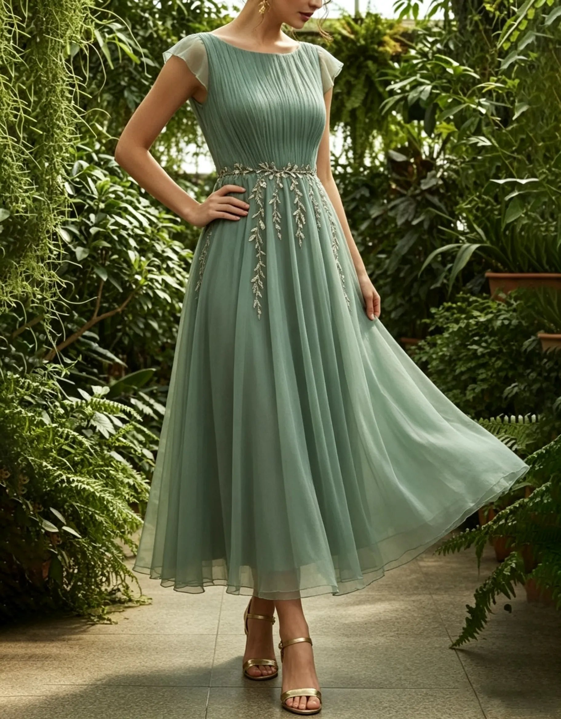 Sage Green Round Neck Beaded Leaf Tulle Midi Dress