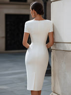 Draped V-Neck Cap Sleeve Bodycon Midi Dress