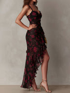 Chic Black And Red Floral Ruched Ruffle Hem Dress