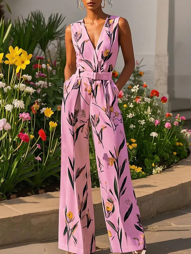 Women White Printing Deep V Neck Sleeveless Vacation Jumpsuit With Pockets