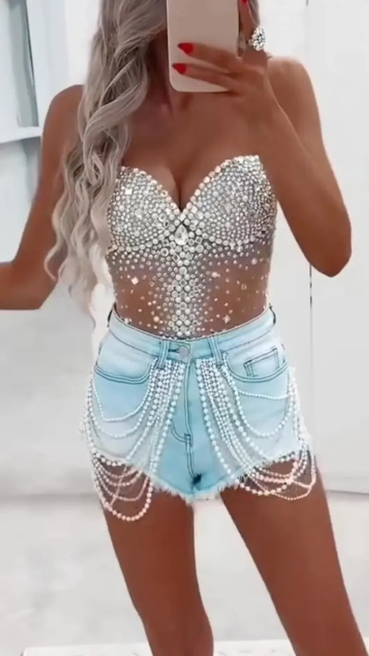 Rhinestone Mesh Bustier & Pearl Chain Denim Short Two Piece Set