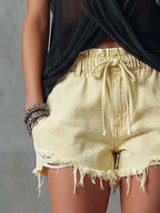 Casual & Versatile Light Yellow Distressed Denim Hot Pants