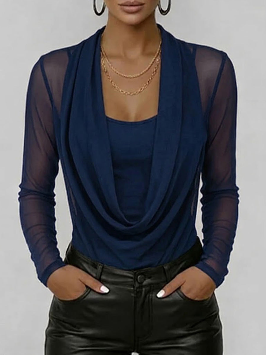 Women's Swing Neck Long-sleeved Casual Loose-fitting Sheer Mesh Top