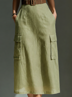 Women's Olive Green Linen Fabric Sleeveless Midi Dress With Cargo Pockets & Belted Waist MDZ2753A1T